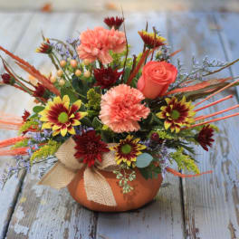 Colorful floral arrangement in a small orange pot with a burlap bow