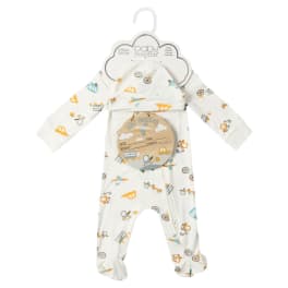 Baby gift set with a printed onesie and matching hat on a hanger