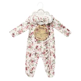 Floral baby onesie set with a matching bow on a hanger