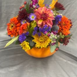 Mixed autumn bouquet in an orange pumpkin container
