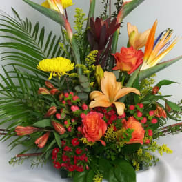 Tall tropical bouquet with orange bird of paradise and roses