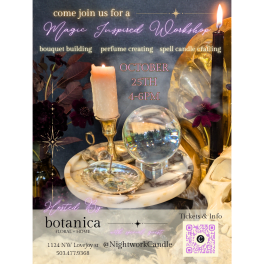 Magic-inspired workshop poster with candles, flowers, and a crystal ball