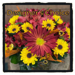 Bouquet of yellow and burgundy daisies with mixed foliage