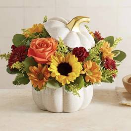 Autumn arrangement of sunflowers, orange roses, and mums in a white ceramic pumpkin container with gold stem.