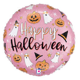 Pink Halloween balloon with ghosts, pumpkins, and "Happy Halloween" text