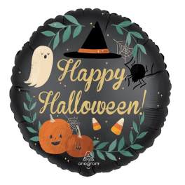 Round Halloween balloon with a ghost, witch hat, spider, and pumpkins