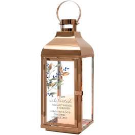 Copper lantern with a memorial quote and floral print insert