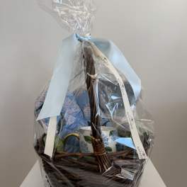 Gift basket wrapped in clear cellophane with a blue ribbon