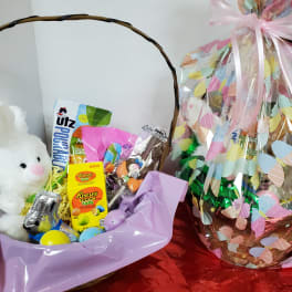 Easter gift baskets with a plush bunny and candy