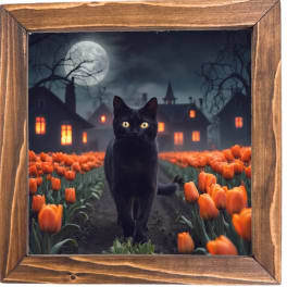 Black cat in a tulip field under a moonlit sky, framed in wood.