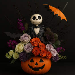 Halloween floral arrangement with roses and a Jack Skellington figure in a pumpkin