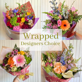 Collage of colorful wrapped mixed flower bouquets with "Wrapped Designers Choice" text.
