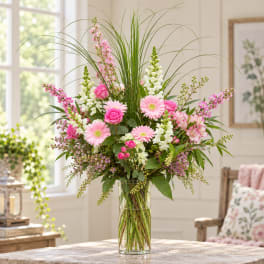 Pink and white mixed bouquet in a clear glass vase