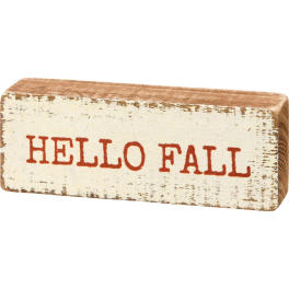 Wooden block sign with the words HELLO FALL