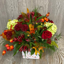 Autumn floral arrangement with red roses, burgundy mums, and pale green hydrangeas in a patterned box.