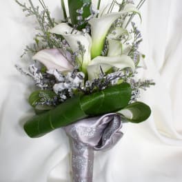 White calla lily bouquet with silver ribbon wrap
