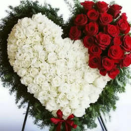 Heart-shaped standing arrangement of red and white roses with a red ribbon