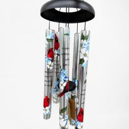 Hanging metal wind chime with cardinal and flower designs