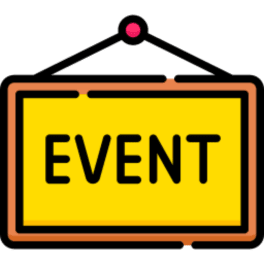 Yellow event sign hanging from a black cord