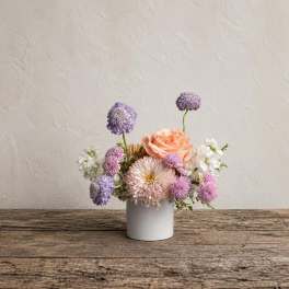Small pastel flower arrangement in a white vase
