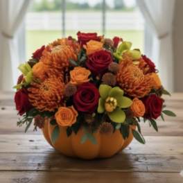 Low pumpkin centerpiece with orange mums, red and orange roses, and green orchids on a wooden table.