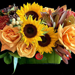 Orange roses and sunflowers arranged in a low rectangular container