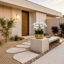 White orchids in a gold bowl planter on a modern patio