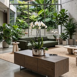 White orchids in a silver pot on a wooden table in a plant-filled room