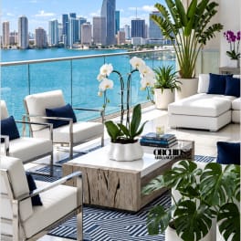 White orchids and potted tropical plants on a modern waterfront patio