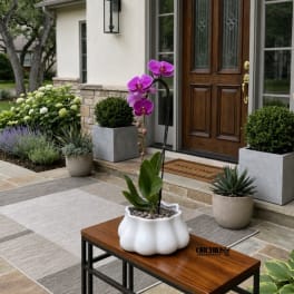 Purple orchid in a white decorative pot on a wooden bench
