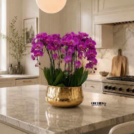 Purple orchids in a gold vase on a kitchen island