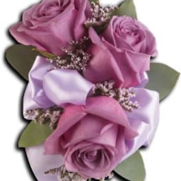 Lavender rose bouquet with satin ribbon and small filler flowers