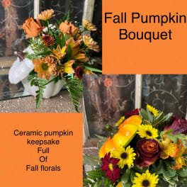 Fall bouquet in a ceramic pumpkin container with orange and yellow flowers