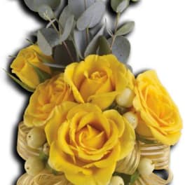 Yellow rose bouquet with eucalyptus and ribbon accents