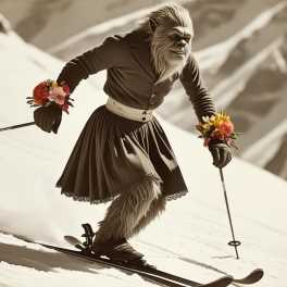 A skier in a costume with flower wrist corsages on snowy slopes