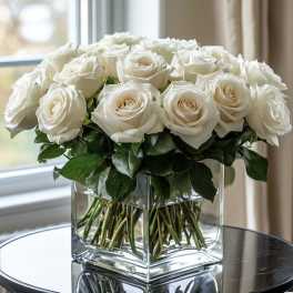 White roses arranged in a clear square glass vase