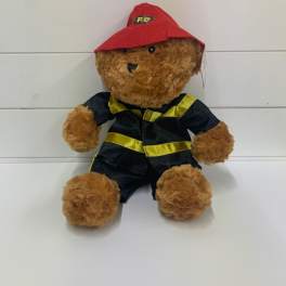 Teddy bear in a red firefighter hat and black uniform