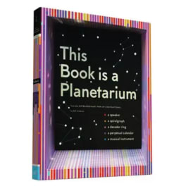 A boxed book gift set with a black cover and colorful striped border