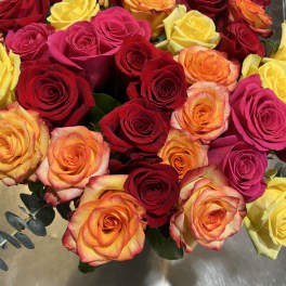 Bouquet of red, pink, yellow, and orange roses