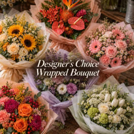 Assorted wrapped bouquets with sunflowers, roses, and mixed blooms