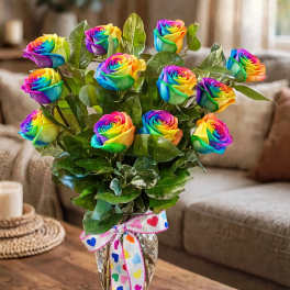 Rainbow-colored roses in a glass vase with a heart-patterned ribbon