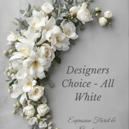 White floral garland with roses and lilies on a gray background