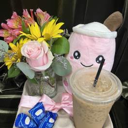 Pink rose and yellow daisy bouquet with a plush drink and iced coffee tray