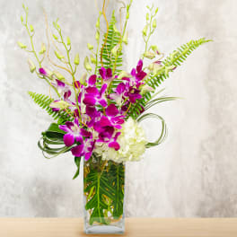 Purple orchids and white hydrangea in a clear rectangular vase