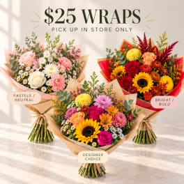 Three wrapped mixed bouquets in pastel, bright, and designer choice styles