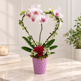 Heart-shaped orchid and rose arrangement in a purple vase