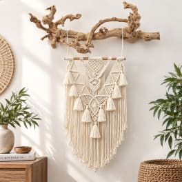 Macrame wall hanging on a branch with potted plants nearby