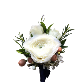 White ranunculus boutonniere with berries and greenery