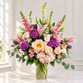 Pink and purple mixed bouquet in a clear glass vase