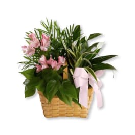 Pink flowers in a woven basket with a pink ribbon